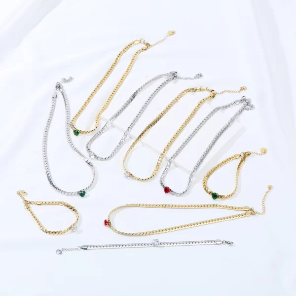 Stainless Steel Blade Chain Love Zirconia Necklace and Bracelet Collection