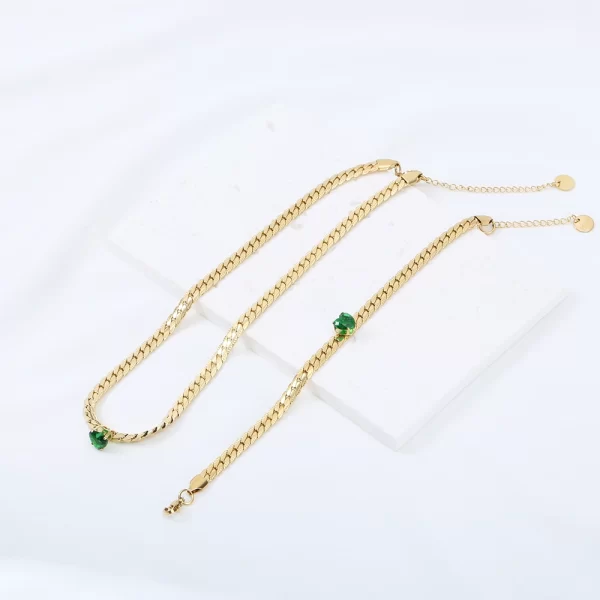 Stainless Steel Blade Chain Love Zirconia Necklace and Bracelet Collection green