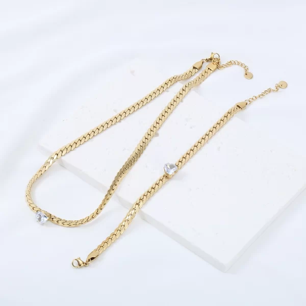 Stainless Steel Blade Chain Love Zirconia Necklace and Bracelet Collection white