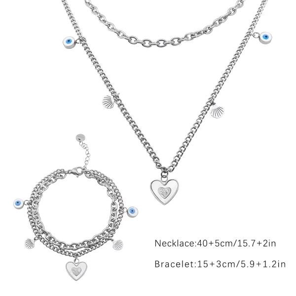 Stainless Steel Double Layer Chain Heart Necklace and Bracelet