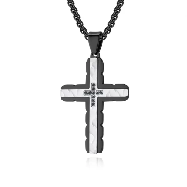 Stainless Steel Two tone Cross CZ Necklace Pendant black+silver