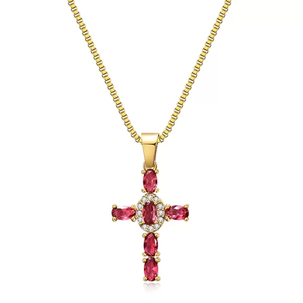 Stainless Steel Women's Clawstone Cross Pendant Necklace red+gold