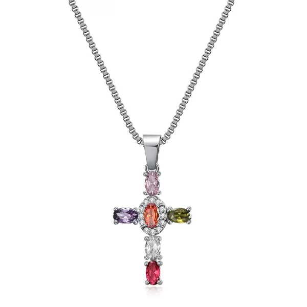 Stainless Steel Women's Cross Pendant Necklace Colored CZ Silver
